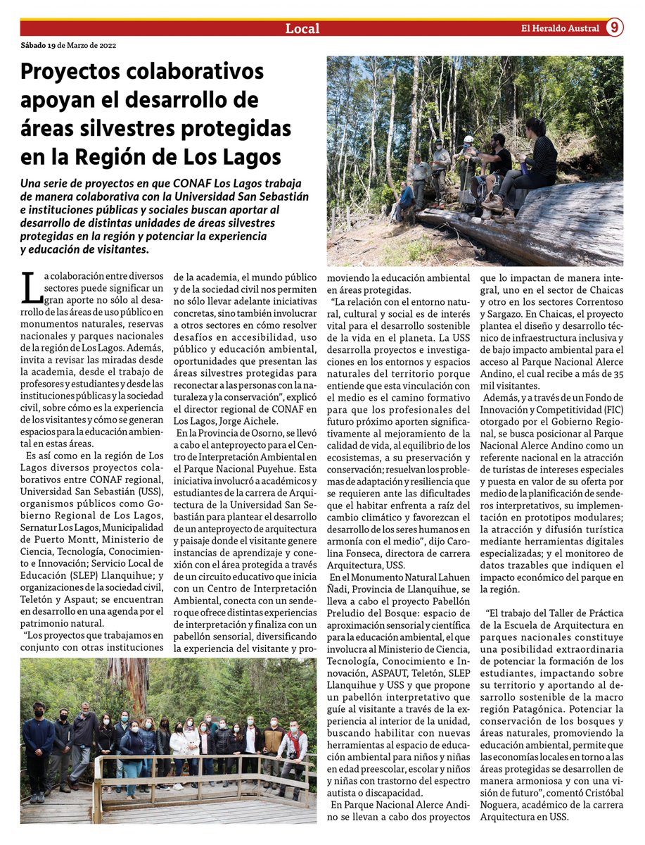 Una serie de proyectos en que Conaf Los Lagos trabaja de manera colaborativa con la academia e instituciones públicas y sociales buscan aportar al desarrollo de áreas silvestres protegidas en la región y potenciar la experiencia y educación de visitantes. 
eha.cl/noticia/local/…