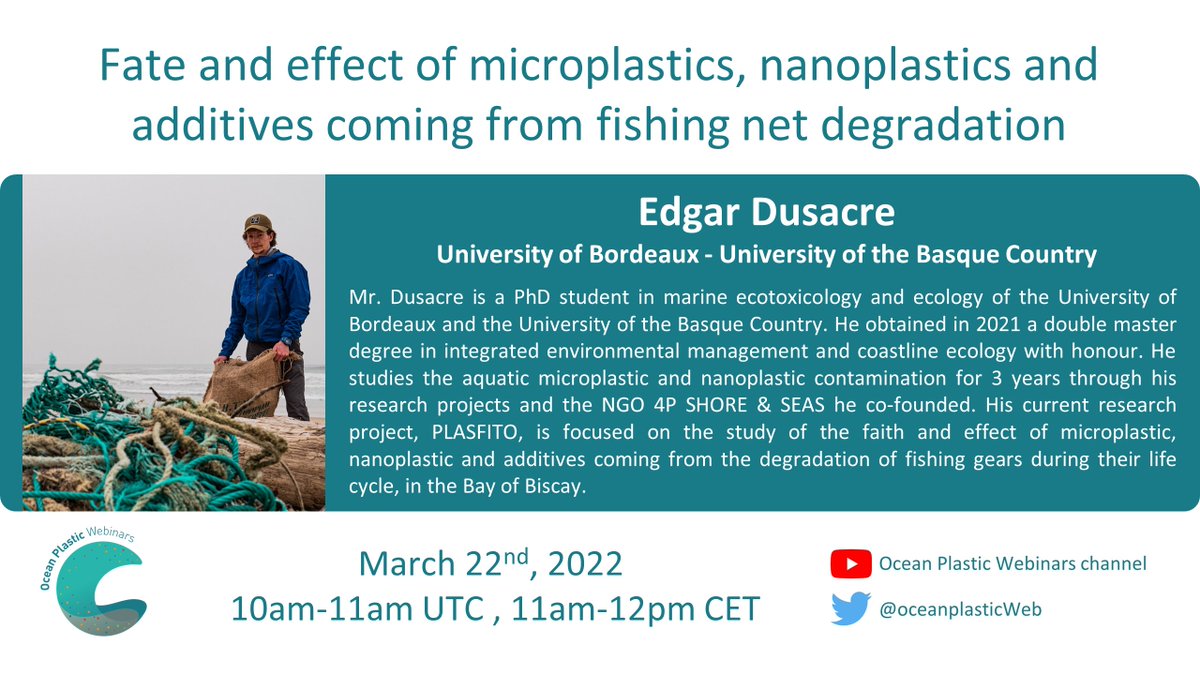 OceanPlasticWeb's tweet image. Our next webinar is tomorrow !! Come join us to learn about fishing net degradation with PhD candidate Edgar Dusacre co-founder of 4P shore and seas : a project about Pollution, Preservation, Protection &amp;amp; Prevention

youtube.com/channel/UCDv-b…