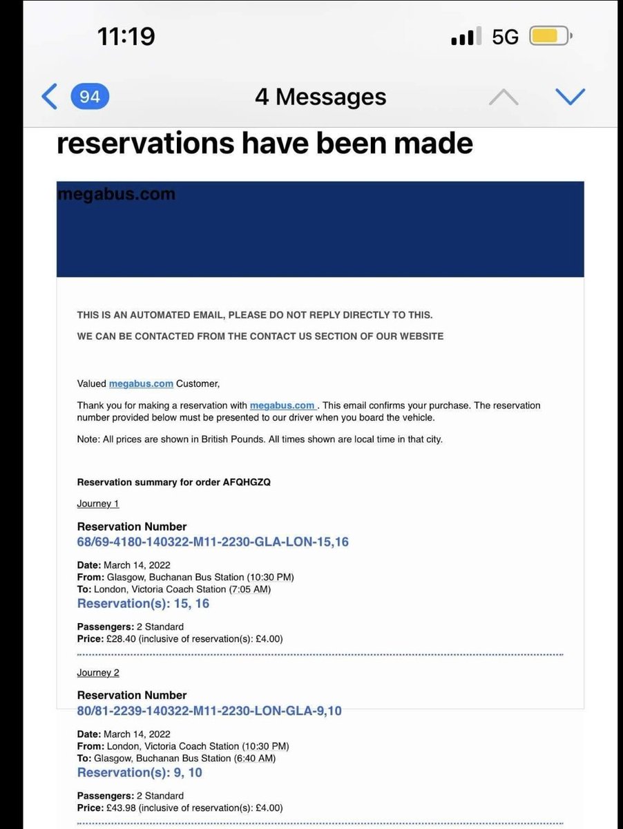 Colettelafferty's tweet photo. @megabusuk I booked return tickets but the confirmation states the return is at the same time as the outbound journey when it should be on Wednesday 23rd March https://t.co/FoTGfNRnLc