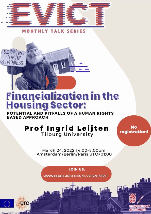Want to know more about financialization in the housing sector? Prof <a href="/IngridLeijten/">Ingrid Leijten</a> will give the next EVICT Monthly Talk on the potential and pitfalls of a human rights based approach towards financialization. We hope to see you on Thursday! Read more: eviction.eu/event/monthly-…