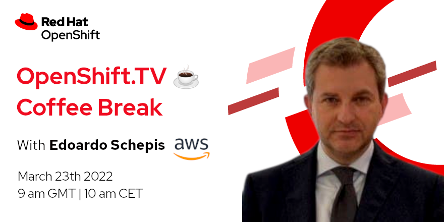 natalevinto's tweet photo. ☕ Get your espresso ready for the next https://t.co/A4o04gfOgS Coffee Break!
☁️ This week we welcome @edschepis , Solutions Architect Manager at @awscloud, to talk about Red Hat OpenShift on AWS (ROSA)
📺  YT : https://t.co/g3xQqNqyRk
@openshift @AWS_Partners @AWS_Italy https://t.co/zrYRUluhut