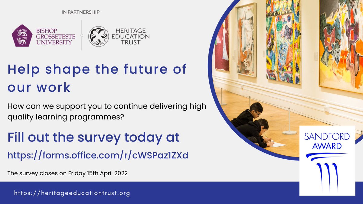 sandfordaward's tweet photo. Calling all heritage learning professionals. Please help shape the future of the Heritage Education Trust and the Sandford Award by completing this short survey https://t.co/Q8Opwsoit4 #Museums #MuseumEducation #MuseEd #Learning https://t.co/wwfSDl2w3u
