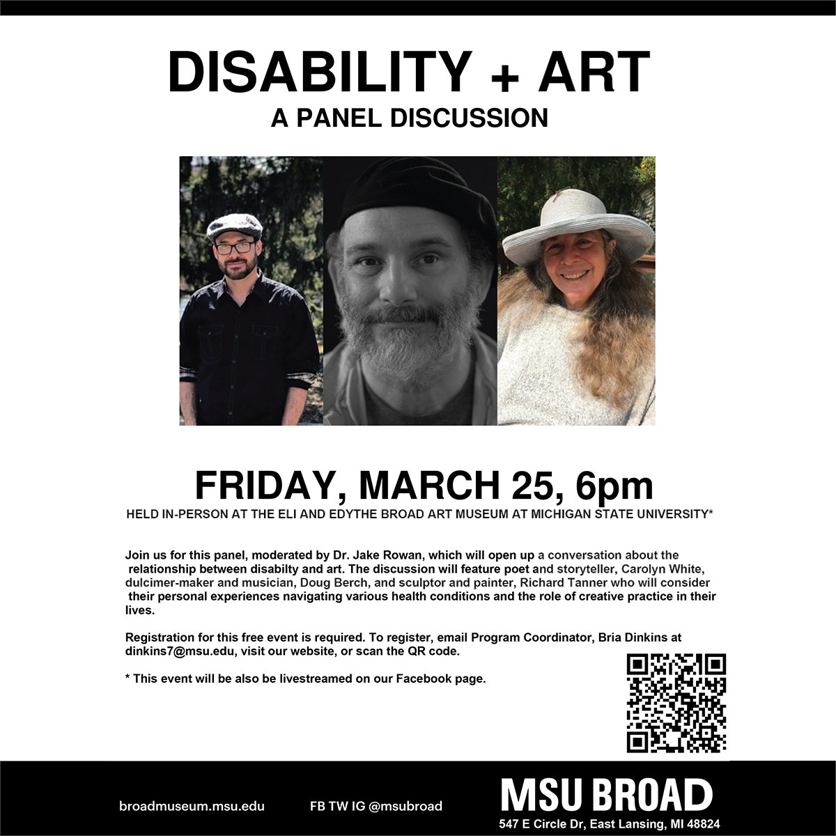 MSU_Osteopathic's tweet photo. On March 25, @MSUBroad will host a special event called "Disability + Art: A Panel Discussion" with three artists from the local community, which will explore the relationship between disability and creative practice. Moderated by #SpartanDO assoc professor Dr. Jake Rowan. https://t.co/NaEga1uawN