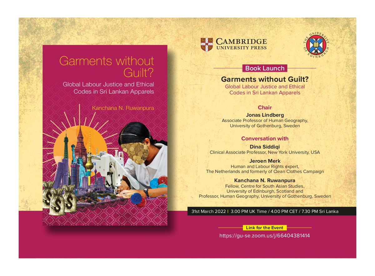 CSAS South Asian Studies in Edinburgh (@csasedinburgh) on Twitter photo Join us for <a href="/CambridgeUP/">Cambridge University Press</a> book event
co-hosted w/ <a href="/GothenburgGeog/">Göteborg Geography</a>
featuring <a href="/JeroenMerk/">jeroen merk</a> <a href="/jonaslindberg11/">Jonas Lindberg</a> <a href="/knr21_cam/">Kanchana N Ruwanpura 🐞💙🍀</a> Dina Siddiqi <a href="/nyuniversity/">New York University</a>
gu-se.zoom.us/j/66404381414
Date: March 31st 2022
Time: 3.00 PM #UK/4.00 PM #CET/7.30 PM #LKA
<a href="/UoEresearchSSPS/">UoE SSPS Research</a> Join us for <a href="/CambridgeUP/">Cambridge University Press</a> book event
co-hosted w/ <a href="/GothenburgGeog/">Göteborg Geography</a>
featuring <a href="/JeroenMerk/">jeroen merk</a> <a href="/jonaslindberg11/">Jonas Lindberg</a> <a href="/knr21_cam/">Kanchana N Ruwanpura 🐞💙🍀</a> Dina Siddiqi <a href="/nyuniversity/">New York University</a>
gu-se.zoom.us/j/66404381414
Date: March 31st 2022
Time: 3.00 PM #UK/4.00 PM #CET/7.30 PM #LKA
<a href="/UoEresearchSSPS/">UoE SSPS Research</a>