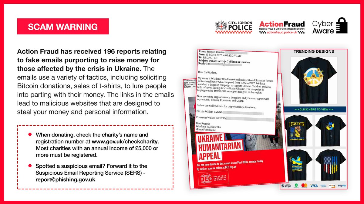 MPSBexley's tweet photo. Scammers will always take advantage of current events! 
We've seen reports about SCAM emails purporting to raise money for those affected by the crisis in Ukraine.

Report suspicious emails by forwarding them to report@phishing.gov.uk

#CyberProtect https://t.co/6UgVM6cZD2
