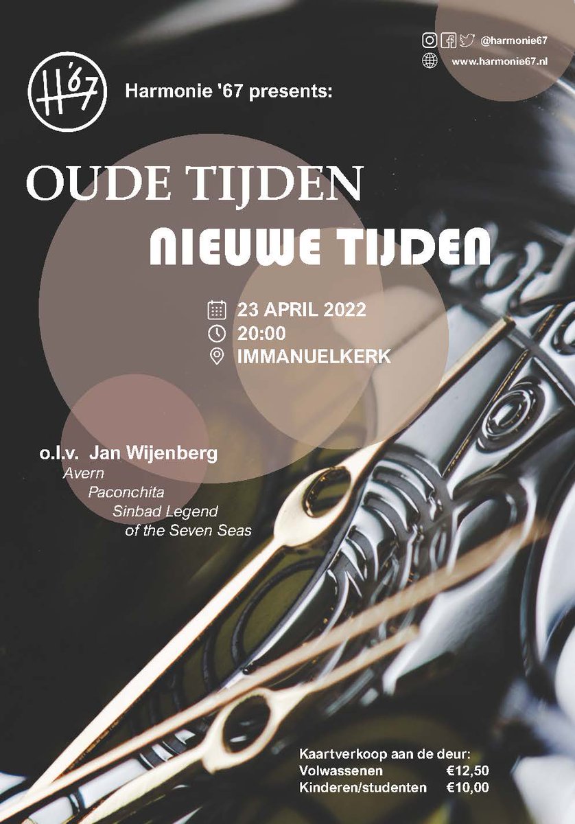 Ons concert op 23 april komt eraan! Onder het thema ‘Oude tijden, nieuwe tijden’ zullen wij een uur muziek voor jullie maken.
* Locatie: Immanuelkerk, Groningen
* Tijd: 20:00
* Kaartjes: €12,50 (volwassenen), €10,00 (studenten/kinderen)