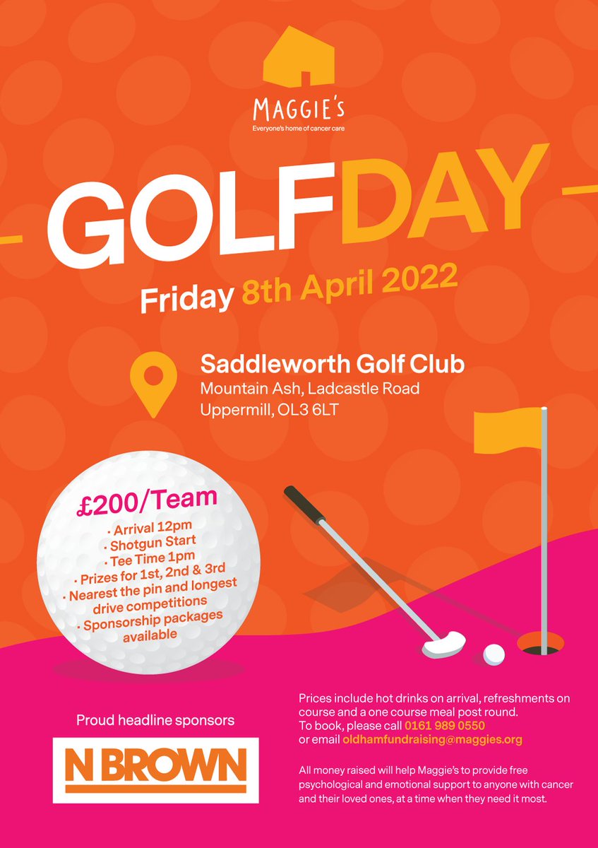 Hey #OldhamHour 👋

Could you, or someone you know, sponsor our golf day?

You can sponsor a hole for £100 ⛳️, or one of the competitions for £50 🏆

The event is now sold out but if you'd like to play you can pop your name down on our reserve list 🏌️

Thank you🌟🧡

<a href="/Oldham_Hour/">Oldham Hour</a>