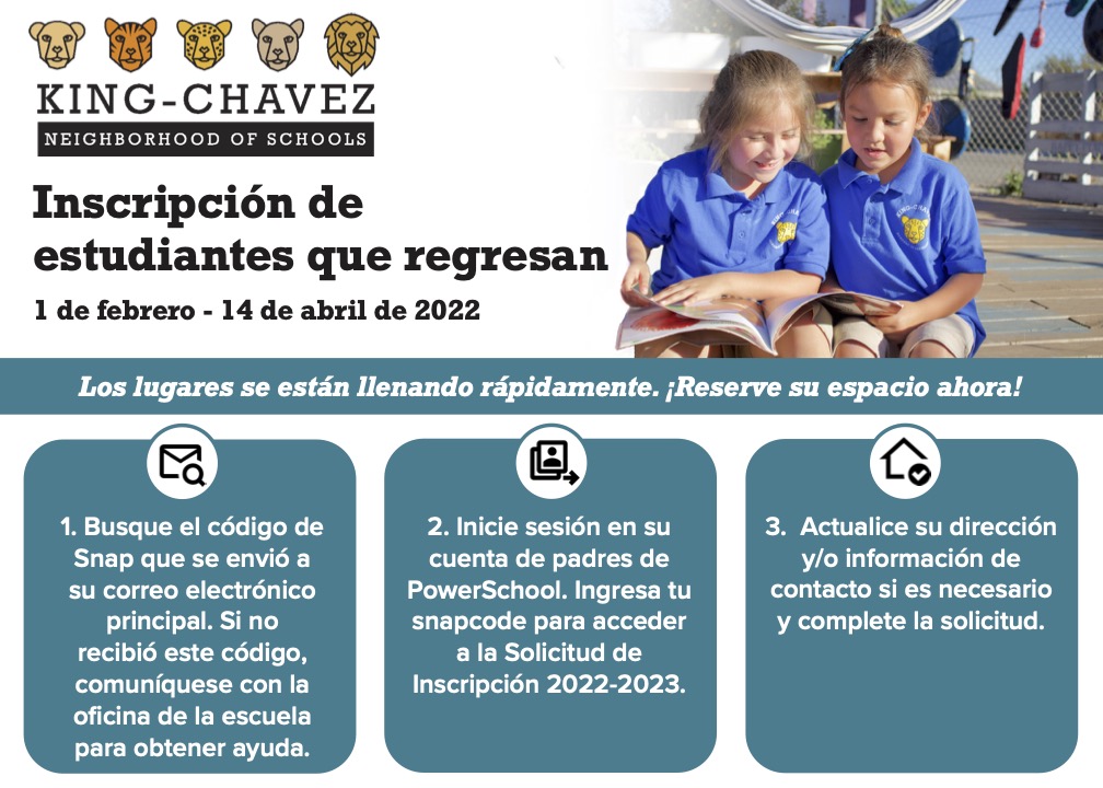sdneighborhood's tweet photo. King-Chavez families, it’s time to secure your child’s seat for the 2022-23 school year! Current KC families that do not submit an application may have to compete with new families in the spring lottery. Follow these steps to guarantee your child’s enrollment. #EnrollToday #KCNS https://t.co/P0ilHnsN2i