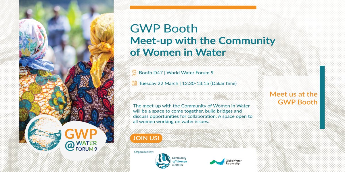 Come and meet with the <a href="/CWiWater/">Community of Women in Water</a>! 

A space open to all #women working in water issues. 

Join us tomorrow at 12.30 at the GWP Booth #WorldWaterForum 

Learn more: link.gwp.org/WaterForum9 

#GenderEquality #WorldWaterForum