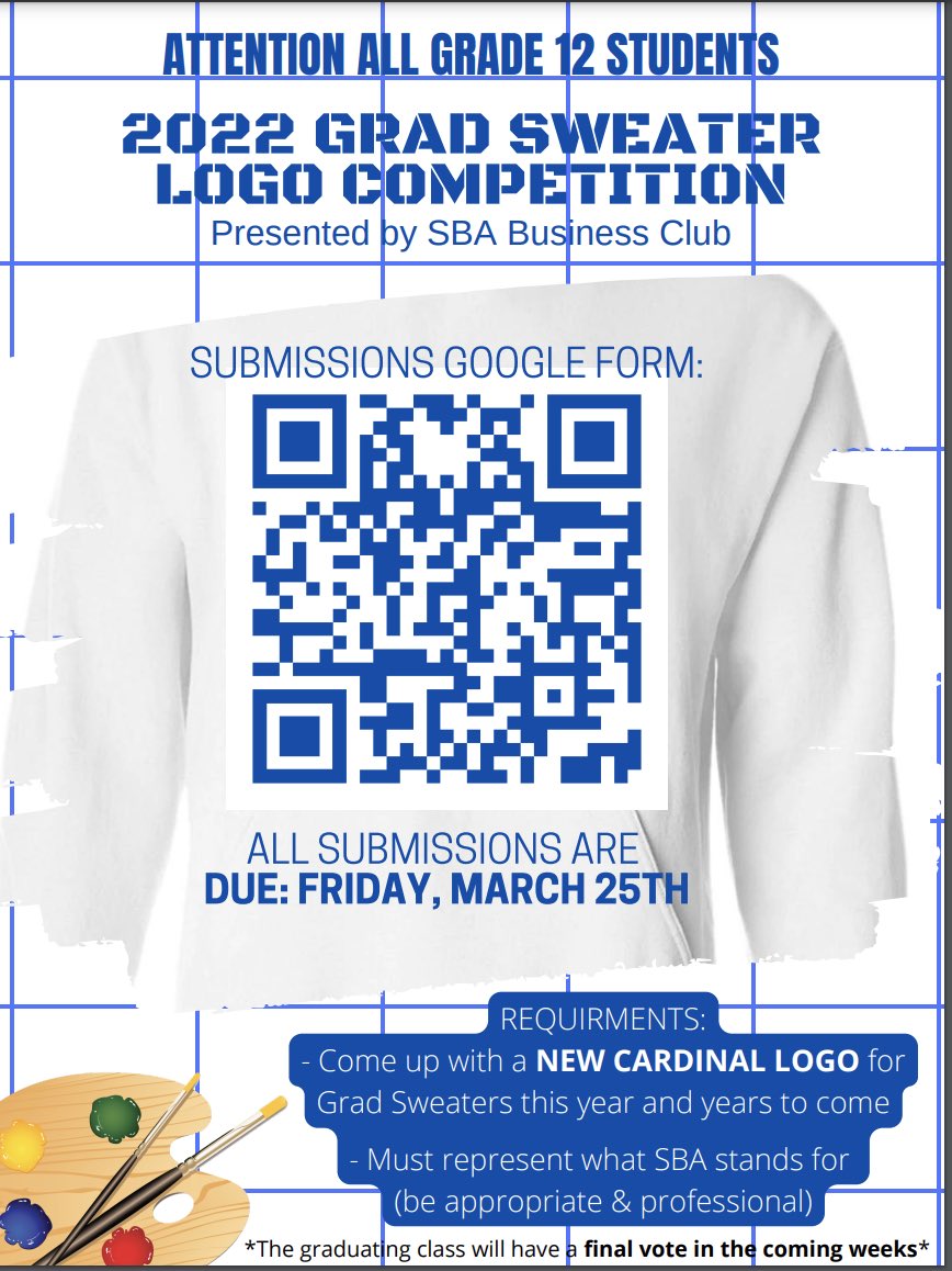 Attention Grade 12s! The Business Club is hosting a contest where you get to design a Cardinal logo that will appear on this year’s Grad Sweaters. Designs are due this Friday! link: forms.gle/sSL79nVemxhx95… @SBAtoday