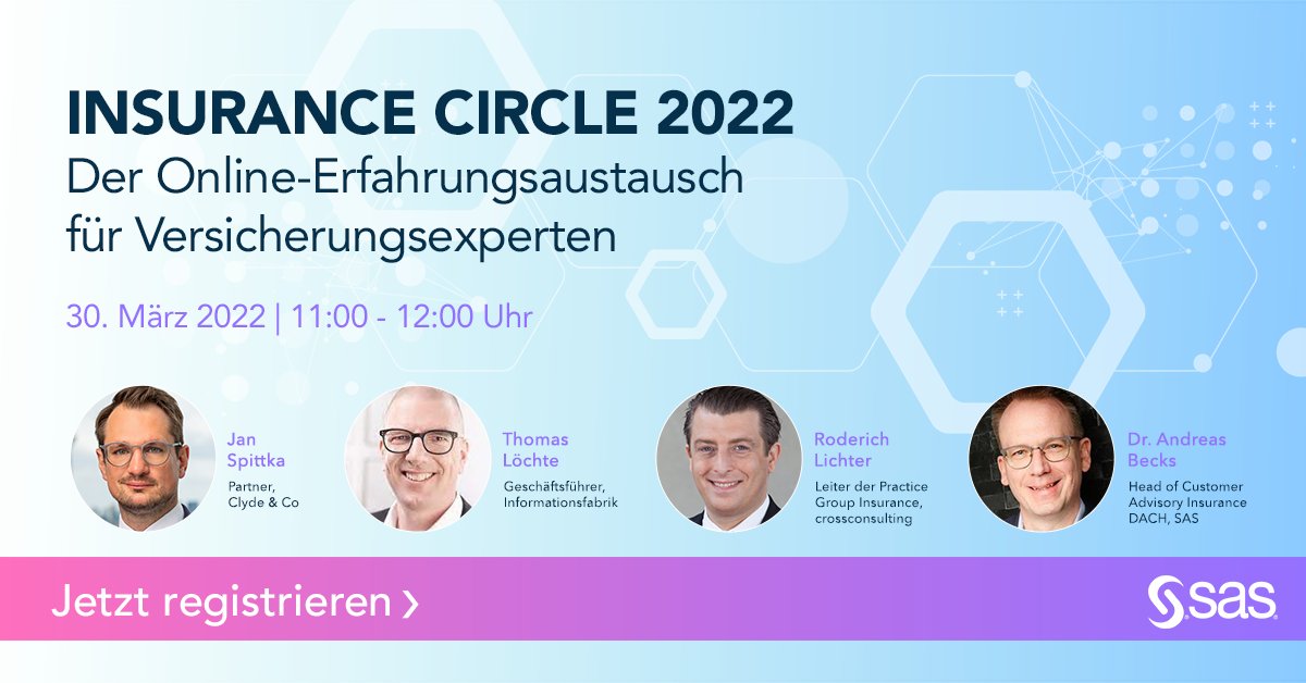 Der Online-Erfahrungsaustausch für Versicherungsexperten: 60 intensive Minuten über #KI, #Ethik, #Governance und die Rolle der #IT. SAS #InsuranceCircle. 30. März, 11 Uhr

sas.com/de_de/events/2…

<a href="/thomas_lochte/">Thomas Löchte</a> <a href="/IN_FAB/">Informationsfabrik GmbH</a> <a href="/ClydeCoNews/">Clyde & Co</a> @becks_andreas