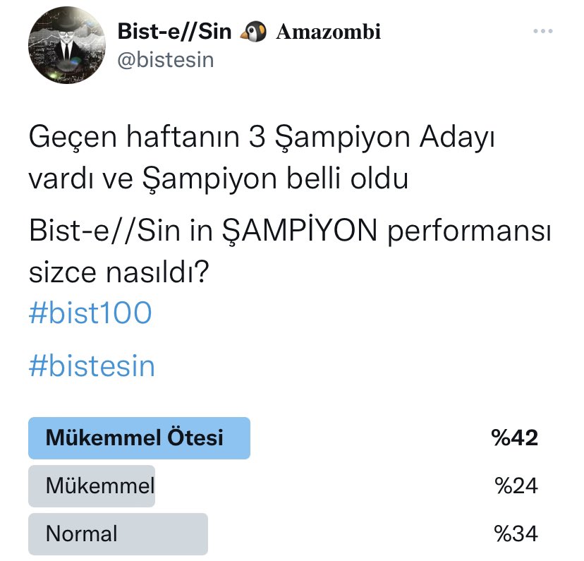 Bist-e//Sin in ŞAMPİYON performansı sizce nasıldı? Diye anket yaptım 

%42 Mükemmel ötesi oyu çıktı.Teşekkür ederim 

Bu sayfa Şuan emsali görülmemiş borsa yatırımcısına hitap ediyor 

Belki Şuan 100.000 Takipçisi olan ender sayfalardan biriydi 

Ama?

#bist100

#bistesin