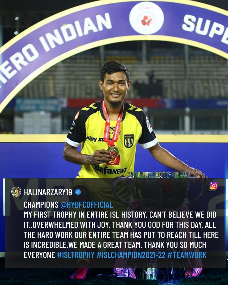 IndSuperLeague's tweet photo. It meant the world to the @HydFCOfficial players as they scripted history by winning the #HeroISL 2021-22 Trophy last night! 🔥 (1/3)
#HFCKBFC #HeroISLFinal #FinalForTheFans #LetsFootball #HyderabadFC https://t.co/crkLPy1TBE