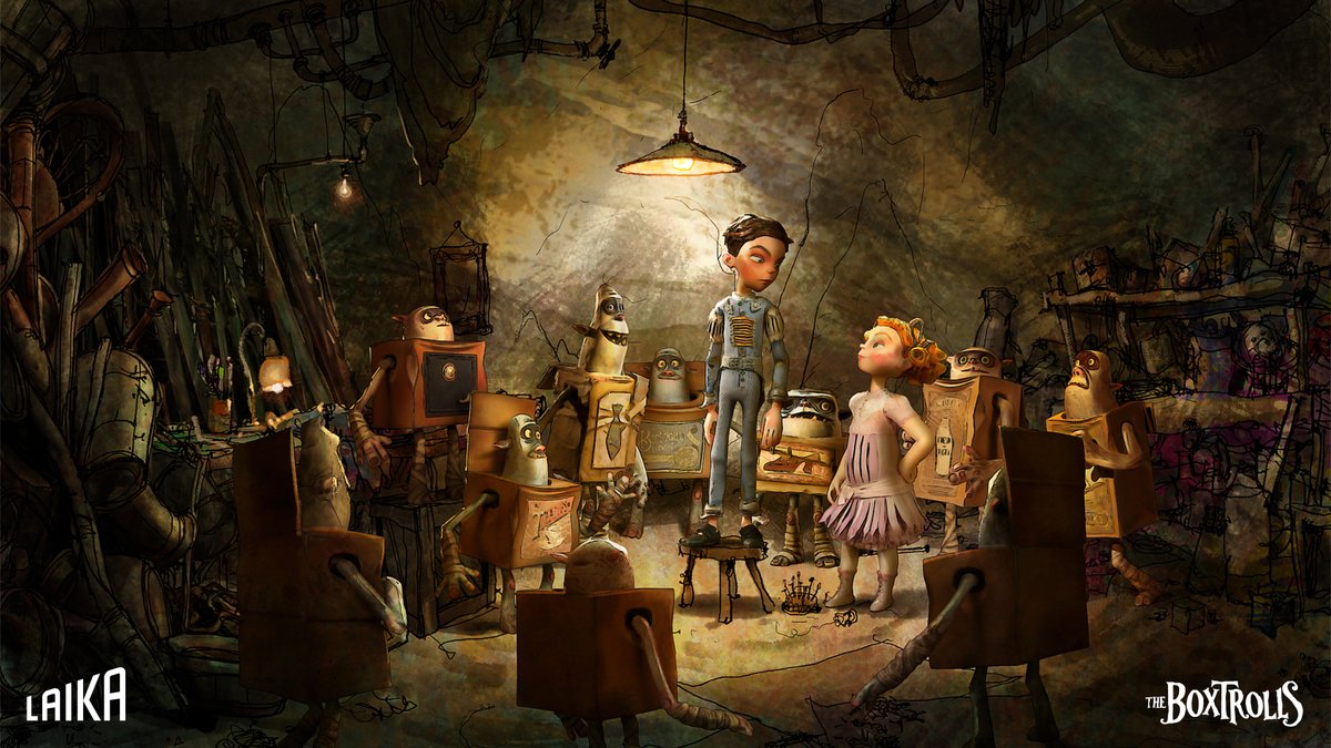 The fun, playful atmosphere of the #Boxtrolls lair gets a dark, shadowy touch in this concept art showing Eggs and Winnie rallying against Snatcher. #TheBoxtrolls