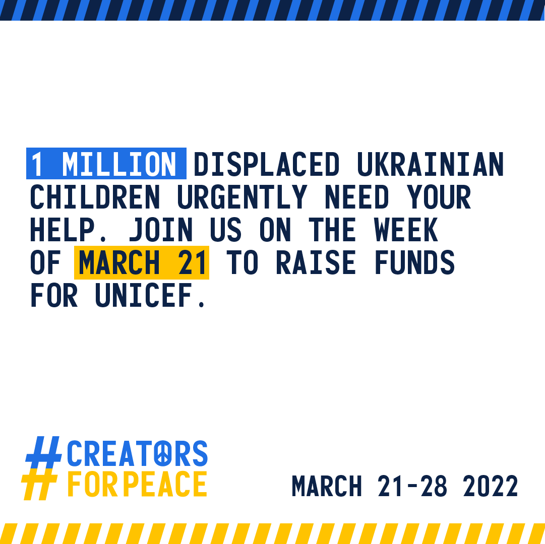 vidIQ's tweet photo. #CreatorsForPeace is partnering with creators to raise awareness &amp; money for over 1 million displaced children in Ukraine 💙💛

By talking about these children, we better understand the level of humanitarian crisis happening in Ukraine &amp; take action at https://t.co/qRsbLpeZb3 https://t.co/h9fl4ZWRYy