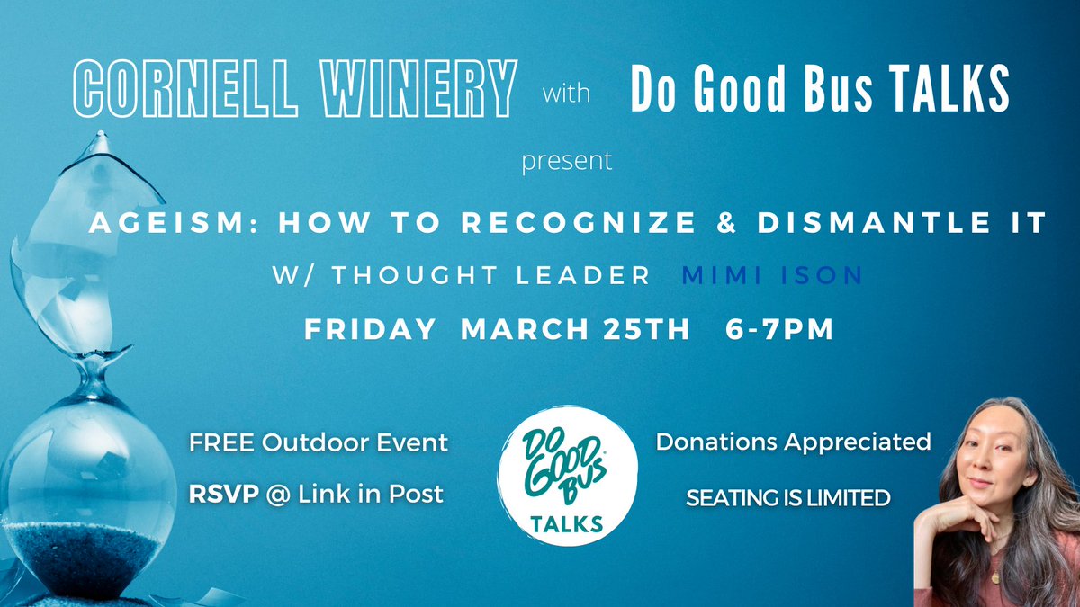 Does growing older make you uncomfortable? Us too! Let's talk about it this Friday 6-7pm at <a href="/CornellWinery/">Tim Skogstrom</a>.

Thought Leader, Mimi Ison, will hold a communal conversation about: Ageism: How to Recognize &amp; Dismantle It.

FREE out door event. Snag your seat! …-good-bus-talks-ageism.eventbrite.com