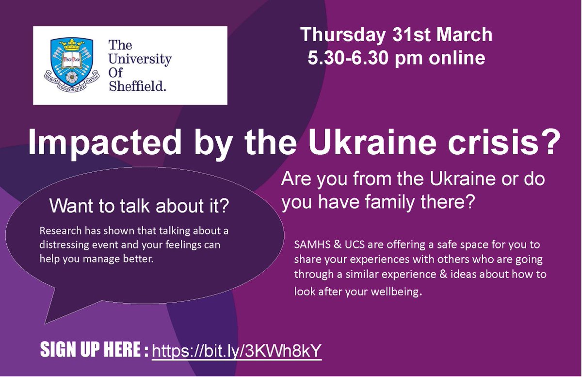 Are you from Ukraine or do you have family there?

We are offering a safe space to share your experiences with others, with ideas about how to look after your wellbeing.

📅 Thursday 31st March
🕒 5.30-6.30pm, online
➡️ Sign up at this link: bit.ly/3KWh8kY
