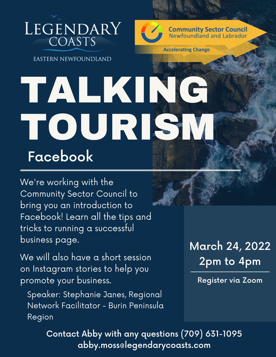 LegendaryCoasts's tweet image. Our next Talking Tourism is happening this week. Join us on Thursday, March 24 from 2 to 4 pm. We will be hosting this session in partnership with @CSCNL_BurinPen! #TourismCounts

💻 Register here: bit.ly/35UWt1Q
