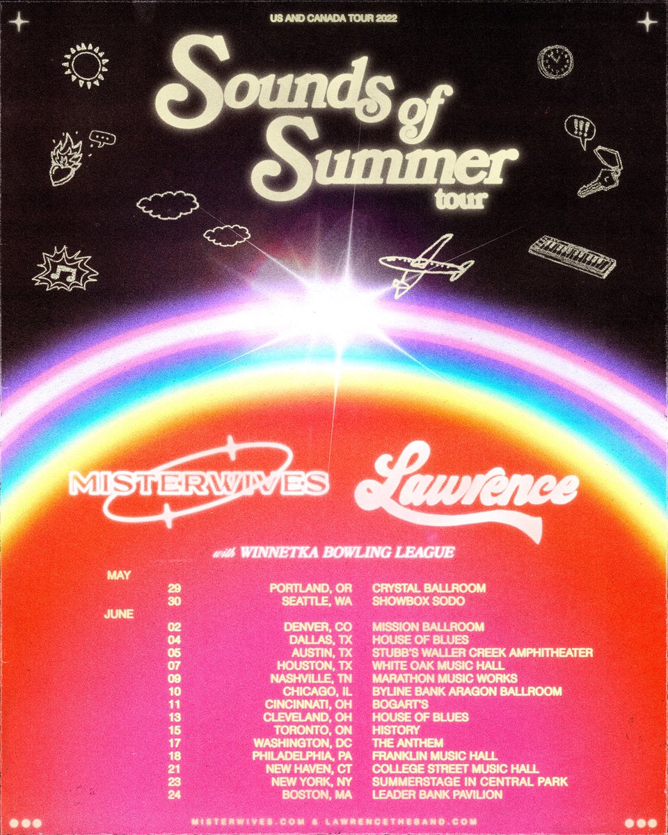 THIS SUMMER COULDN’T SOUND SWEETER BC WE ARE HITTING THE ROAD WITH OUR NEW FRIENDS <a href="/lawrencetheband/">Lawrence</a> &amp; <a href="/WinnetkaBowling/">Winnetka Bowling League</a> 
😭🚌🌈☀️🌸🦋💖 
Tickets are on sale Friday and presale starts tomorrow 10 am local 👉 misterwives.com/tour