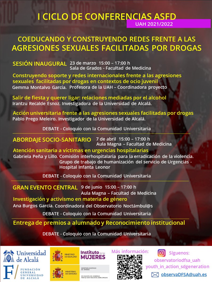 UAHes's tweet photo. El Grupo de investigación e intervención educativa sobre Agresiones Sexuales Facilitadas por Drogas en contextos de ocio juvenil con @InstMujeres organiza el I Ciclo de Conferencias #ASFD. Presencial, en Zoom (031331) o en directo: https://t.co/7RPU3mVNgg #UAH @cinquifor @PNSDgob https://t.co/SVZx7cDsbO