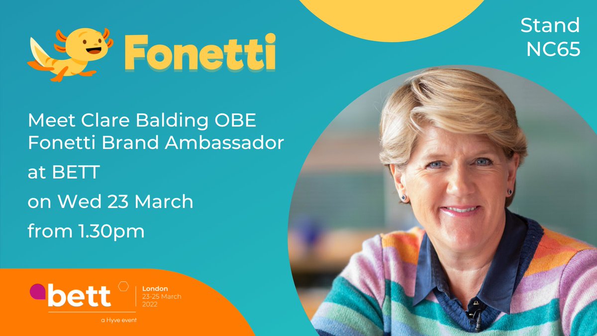 Fonetti Brand Ambassador, <a href="/clarebalding/">Clare Balding 💙</a> OBE will be joining us on Wednesday afternoon at <a href="/Bett_show/">Bett Global</a> at @ExCeLLondon . We're on stand #NC65, so come along, say hello, and find out why she loves #Fonetti and her thoughts on #literacy.

#Bett2022
#AwardWinningEdTech
#EduTwitter