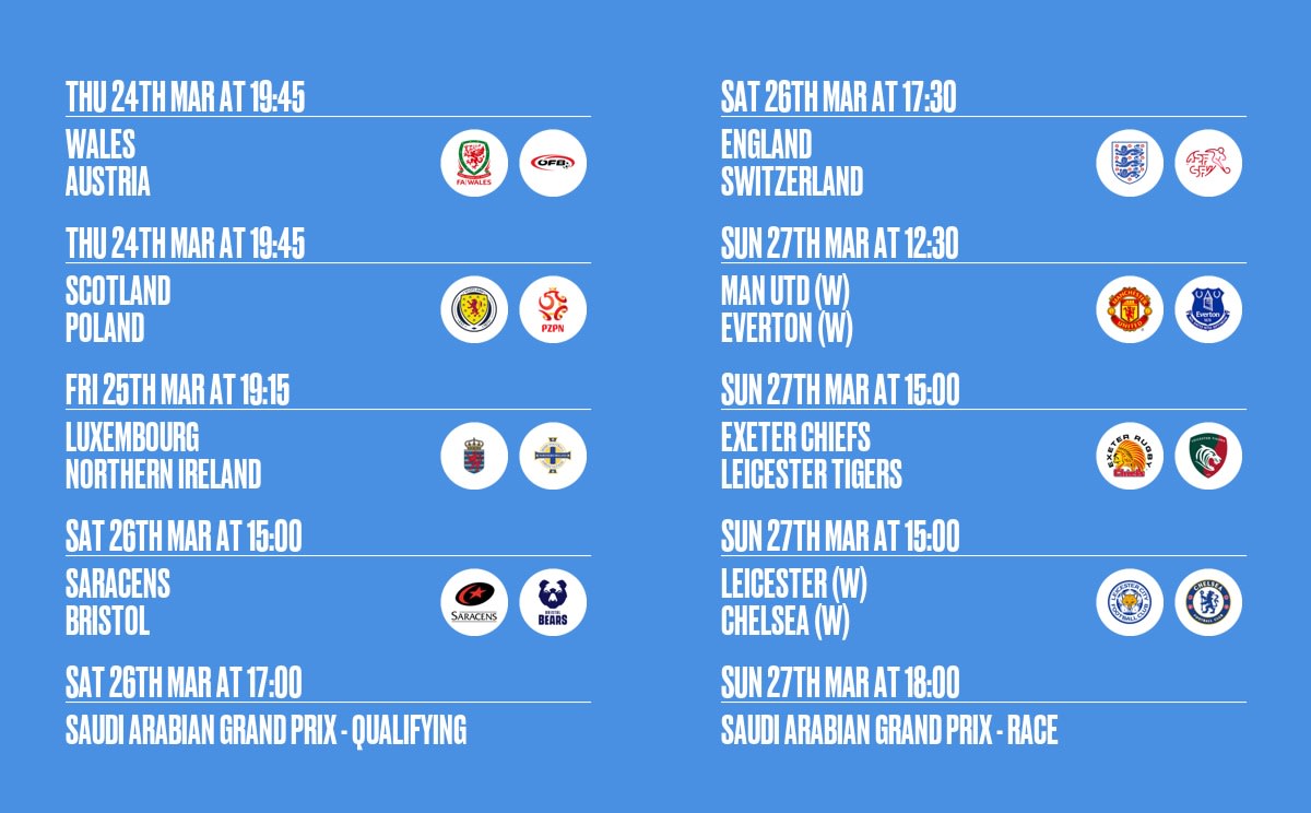 TheWorldsend's tweet photo. Your weekly World's End Sports Blast! Nice mix this week, we have World Cup qualifiers for the home nations, a bit of Rugby and F1 heads to Saudi for race two of the season. #theworldsend #livesports #bigscreensports #finsburypark #worldcup #f1 #saudiarabiangp #football https://t.co/sNjS53kYHt