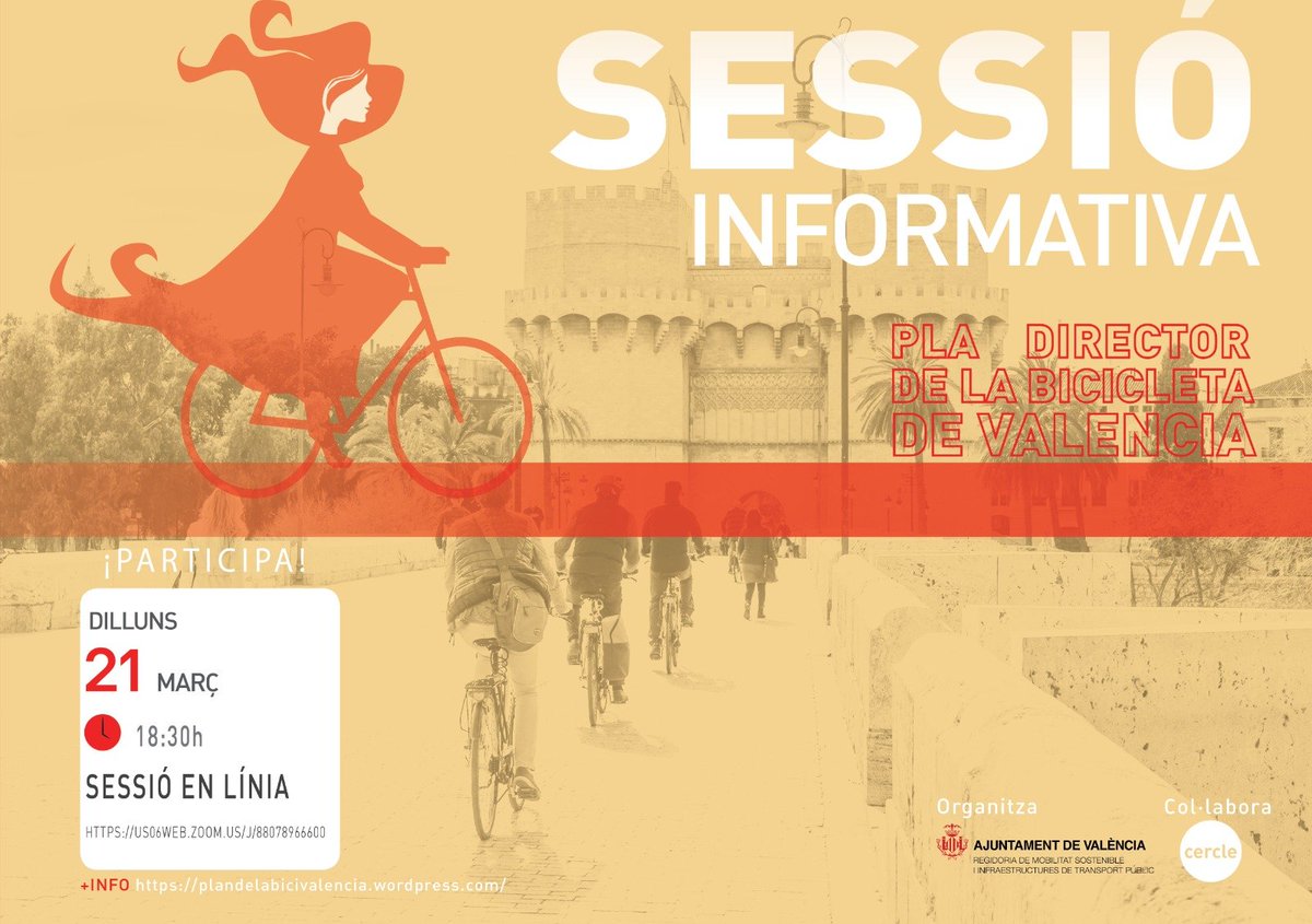 👆 RECORDEU. En 30 minuts comencem a treballar en el Pla Director de la Bicicleta de #València✍️🚴‍♀️amb una 1ª sessió online amb totes les persones i entitats que hi vullgueu participar 🙋🏾‍♀️🙋🏾.
⏰18:30h a través del següent accés
🔗 bit.ly/3Igd3X6