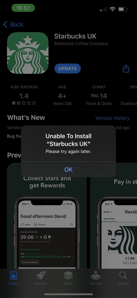 AnnisaDv's tweet photo. @StarbucksUK so can’t use it without updating but can’t update the app? I need my gold member to stay gold😩 https://t.co/05DpTDIppu