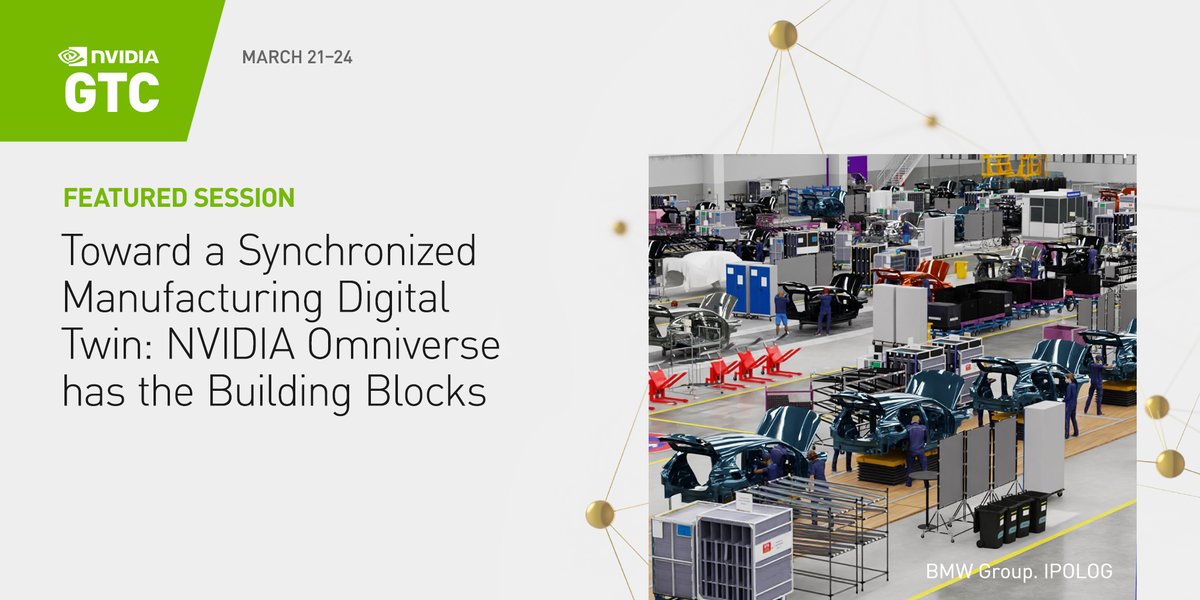 JOIN US: <a href="/NVIDIAOmniverse/">NVIDIA Omniverse</a> is helping <a href="/BMWGroup/">BMW Group</a> and ipolog connect globally dispersed manufacturing teams with #digitaltwins.

Register now for this #GTC22 session happening Wednesday at 10 AM PT to learn more.

nvda.ws/3ClyXHc