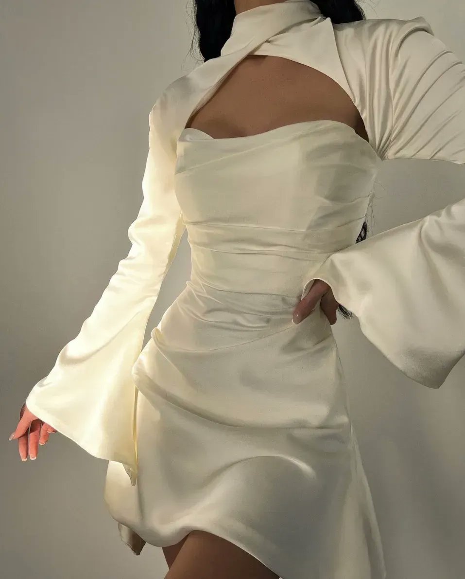 ivory dresses for bridesmaid Charming Off Shoulder Satin Ivory Short Party Dress, Bridesmaid Dresse –  Cutedressy main image 1