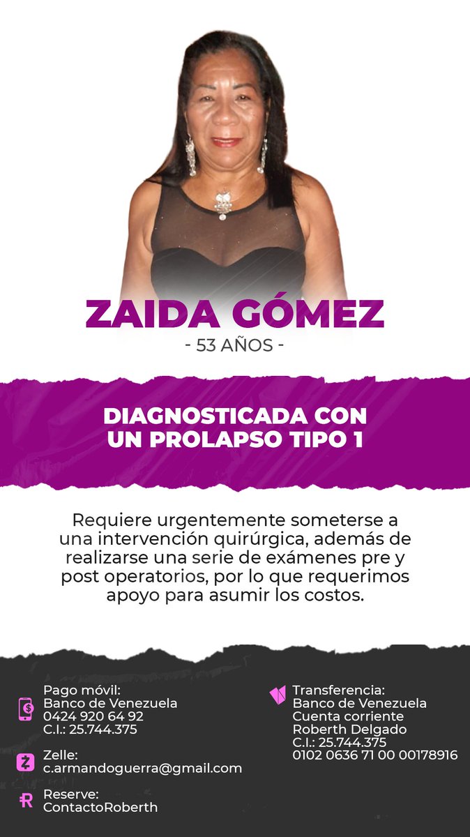 ContactoRoberth's tweet photo. Hola a todos👋🏻, mi mamá Zaida Gómez, requiere someterse a una operación y necesitamos de su ayuda para costearla🙏🏻

Si no puedes colaborar, seria de gran ayuda si compartieras la imagen para que pueda llegar a más personas.🤳🏽

¡Muchas gracias! 🫂 https://t.co/nC3w5s6JTw