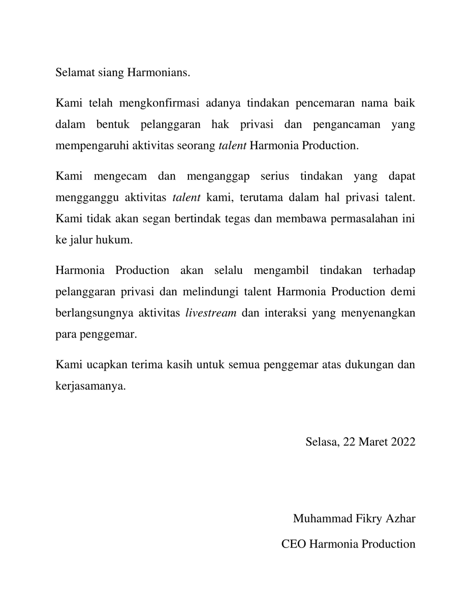 HarmoniaProject's tweet photo. Halo Harmonians, kami sangat menyayangkan dengan adanya hal ini, berikut pernyataan kami: https://t.co/cjUWftsJV8