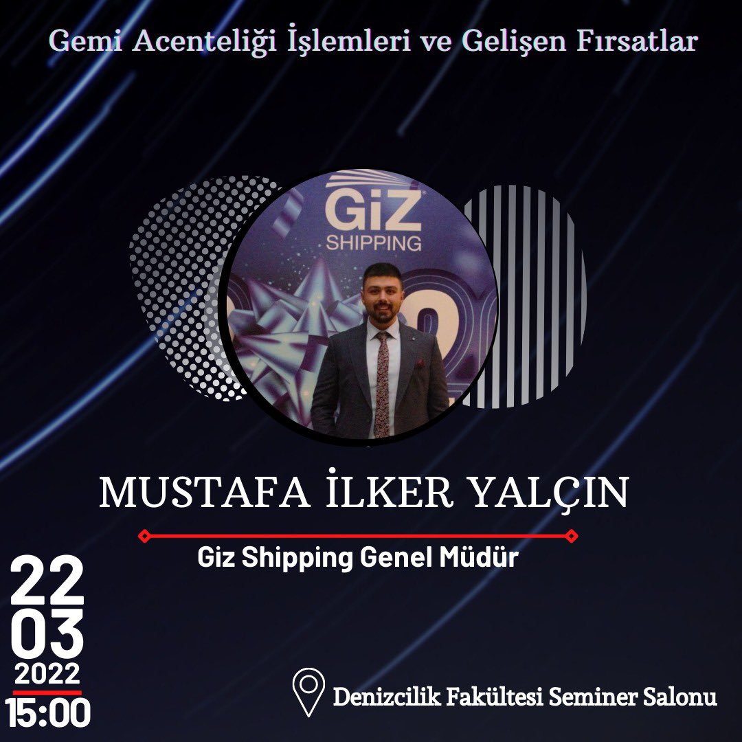 Şirketimiz Genel Müdürü Sayın Mustafa İlker YALÇIN, 22 Mart Salı günü, saat 15.00’de, Bülent Ecevit Üniversitesi Denizcilik Fakültesi seminer salonunda gerçekleştirilecek olan “Gemi acenteliği işlemleri ve gelişen fırsatlar”konulu konferansta konuşmacı olarak yer alacaktır.