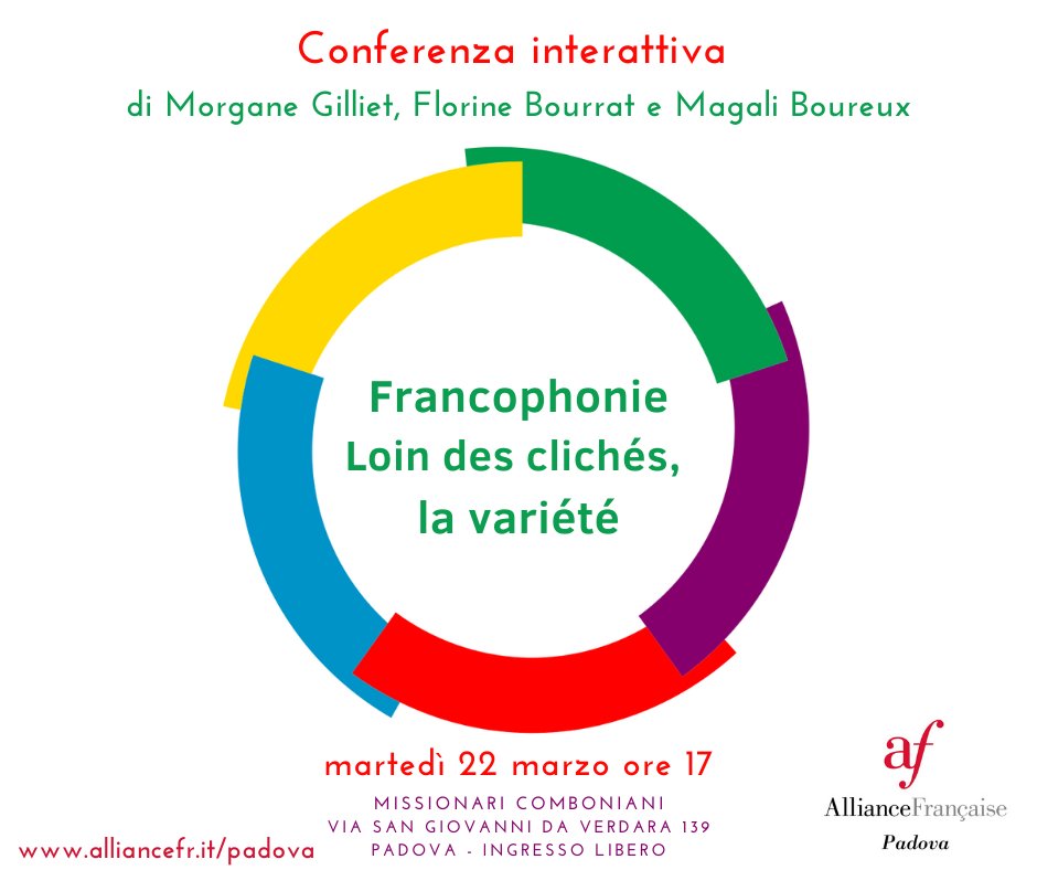 Ciao a tutti! 🇮🇹
🇫🇷 Mois de la francophonie : l’AF Padova vous propose une conférence animée par 𝙈𝙤𝙧𝙜𝙖𝙣𝙚 𝙂𝙞𝙡𝙡𝙞𝙚𝙩, 𝙁𝙡𝙤𝙧𝙞𝙣𝙚 𝘽𝙤𝙪𝙧𝙧𝙖𝙩 &amp; 𝙈𝙖𝙜𝙖𝙡𝙞 𝘽𝙤𝙪𝙧𝙚𝙪𝙭

👉🏼 Mardi 22 mars, 17h
📍 Missionari Comboniani, Via San Giovanni da Verdara, 139, Padova