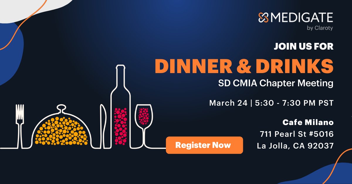 MMedigate's tweet photo. Good morning! This Thursday, @MedigateLtd is sponsoring Dinner &amp; Drinks in San Diego for the SD CMIA Chapter Meeting—and you're invited. Register below.  https://t.co/GsAfo00DY1 https://t.co/e5ZwcmmFBD