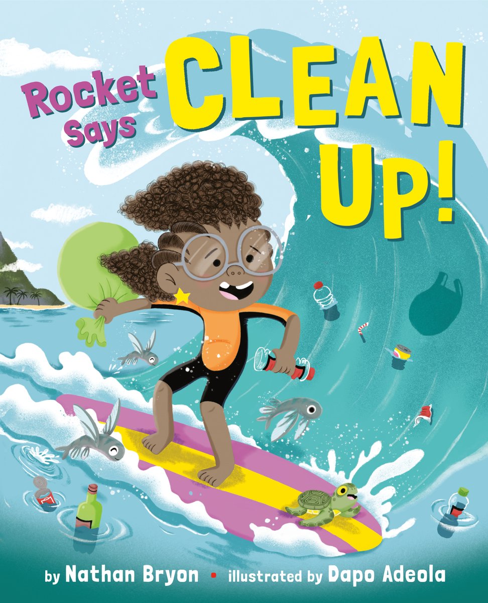 Book cover illustration features a Rocket (young girl with glasses) riding a surfboard with plastic and sea lift around her. 