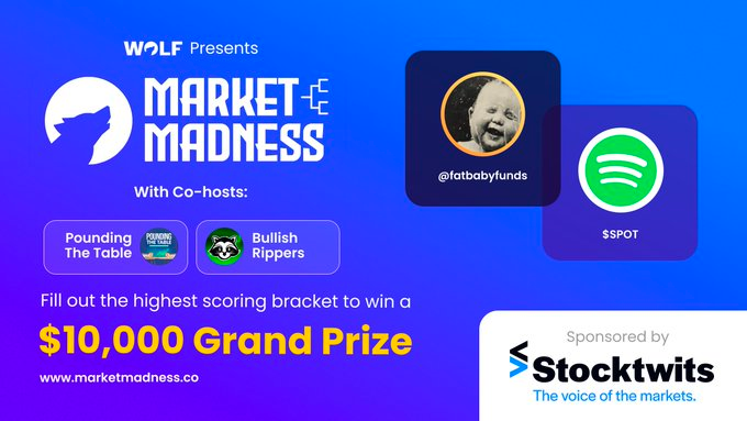 TradersParadise's tweet photo. MARCH MADNESS starts now! I'm excited to participate - (also join #TEAMNVDA TODAY because my pick will win obviously )
There's a $10k grand prize! Fill out your brackets here.
https://t.co/dBVl7q8j3q
Brought to you by @Stocktwits @PoundingDaTable @WOLF_Financial , and others https://t.co/iOjQaZS61G