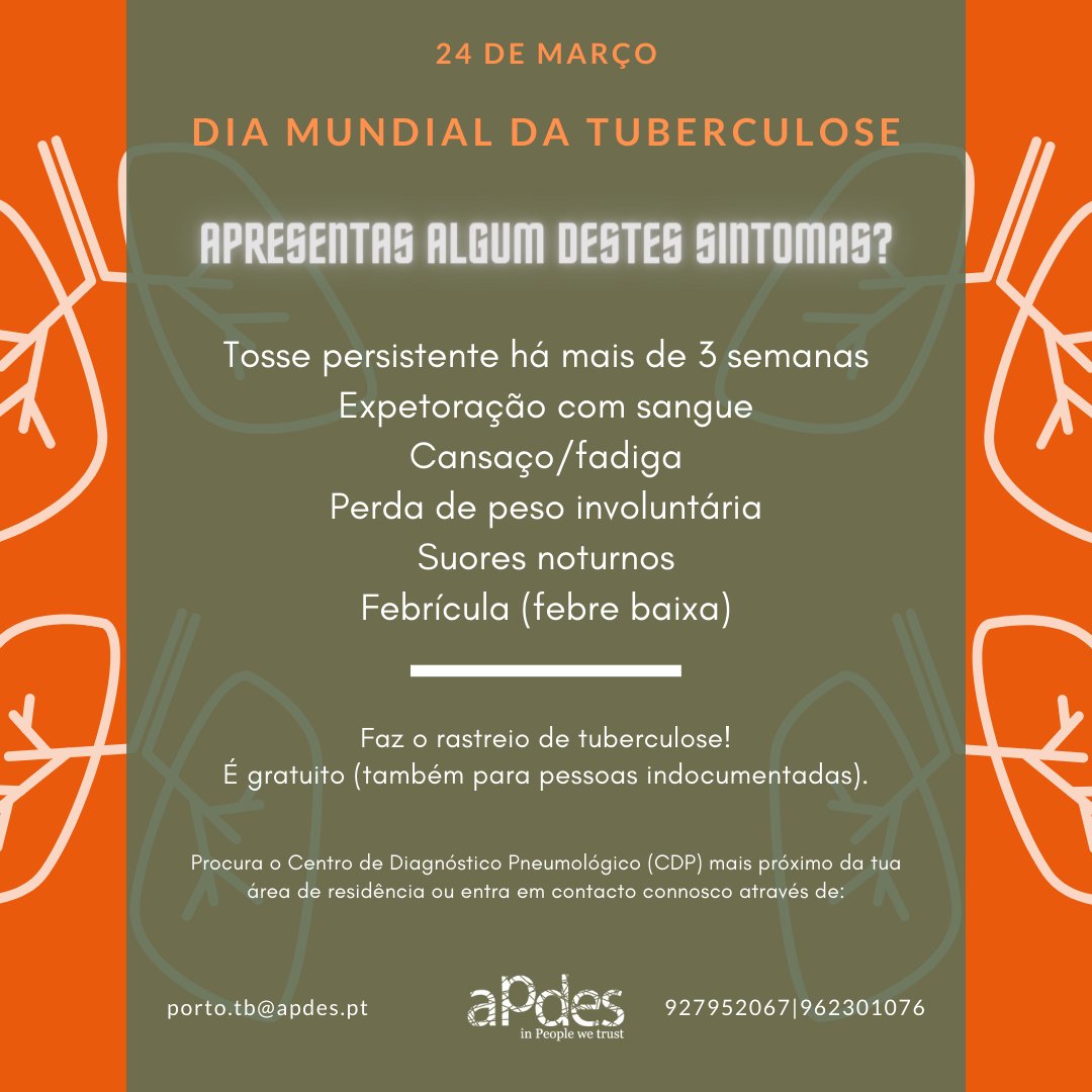 ASexwork's tweet photo. Dia 24 de Março, assinala-se o Dia Mundial da Tuberculose. A tuberculose continua a ser a primeira causa de morte infecciosa do mundo, apesar de ser prevenível e curável. É urgente investir na luta contra a TB!
Acompanha-nos, até 25/03, para saber mais. https://t.co/Sn3n1Hm7lc