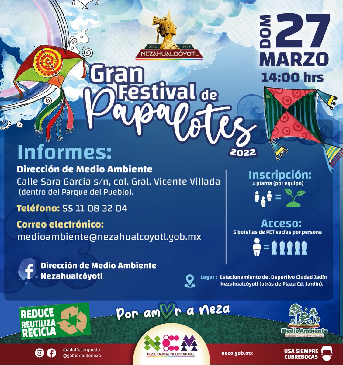 GobNeza's tweet image. #Convocatoria | Te invitamos a participar en el 1er Gran Festival de #Papalotes 2022 🪁 que se realizará el 27 de marzo en el estacionamiento del Deportivo Ciudad Jardín en punto de las 14:00 hrs.

¡No te pierdas esta increíble experiencia, acude con tu familia y amigos! 👨‍👩‍👧‍👦