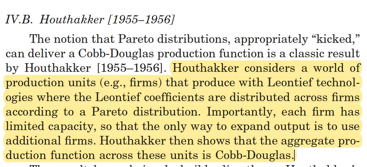 This idea goes back to a classic 1955  @RevEconStudies  paper by Houthakker: even if individual technologies are Leontief (elasticity = 0) they may aggregate up to a Cobb-Douglas production (elasticity = 1) @ChadJonesEcon discusses the result with the usual lucidity.10/