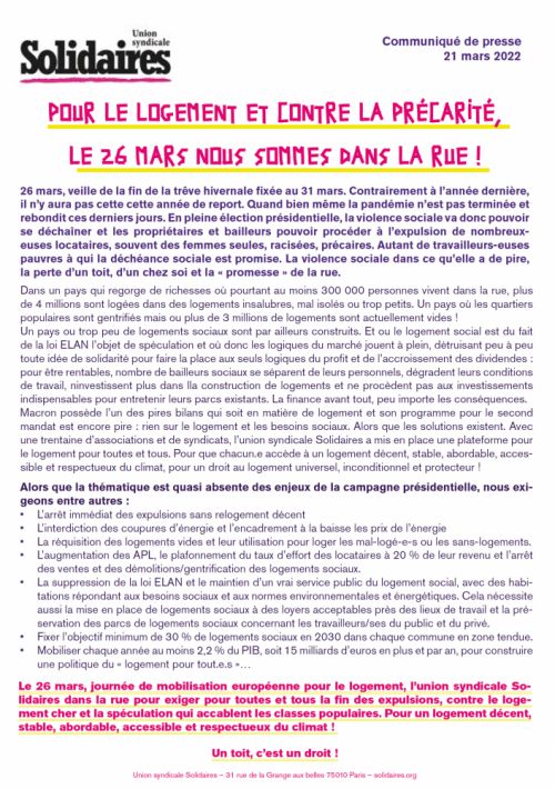 UnionSolidaires's tweet photo. 🗣️ Le 26 mars, journée de mobilisation européenne pour le logement, l’union syndicale Solidaires sera dans la rue pour exiger pour toutes et tous la fin des expulsions, contre le logement cher et la spéculation qui accablent les classes populaires. ⛔
Un toit, c’est un droit !✊ https://t.co/Cy36Zk5m6n