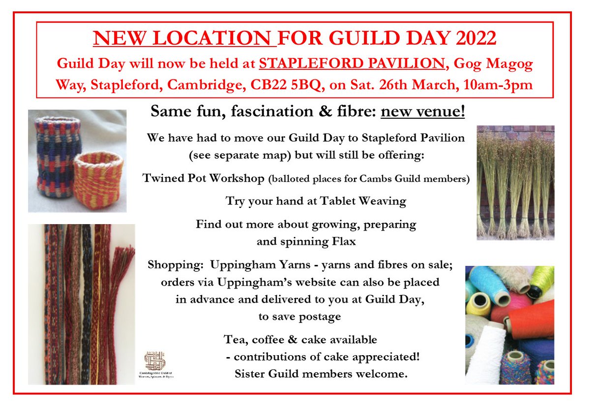 We've had to change venue for our annual Guild Day for Cambs Guild members and sister Guild members this Saturday.  New location: Stapleford Pavilion, Gog Magog Way, CB22 5BQ. If you know anyone who's going please make sure they know the new venue. Thank you! @guildswsd