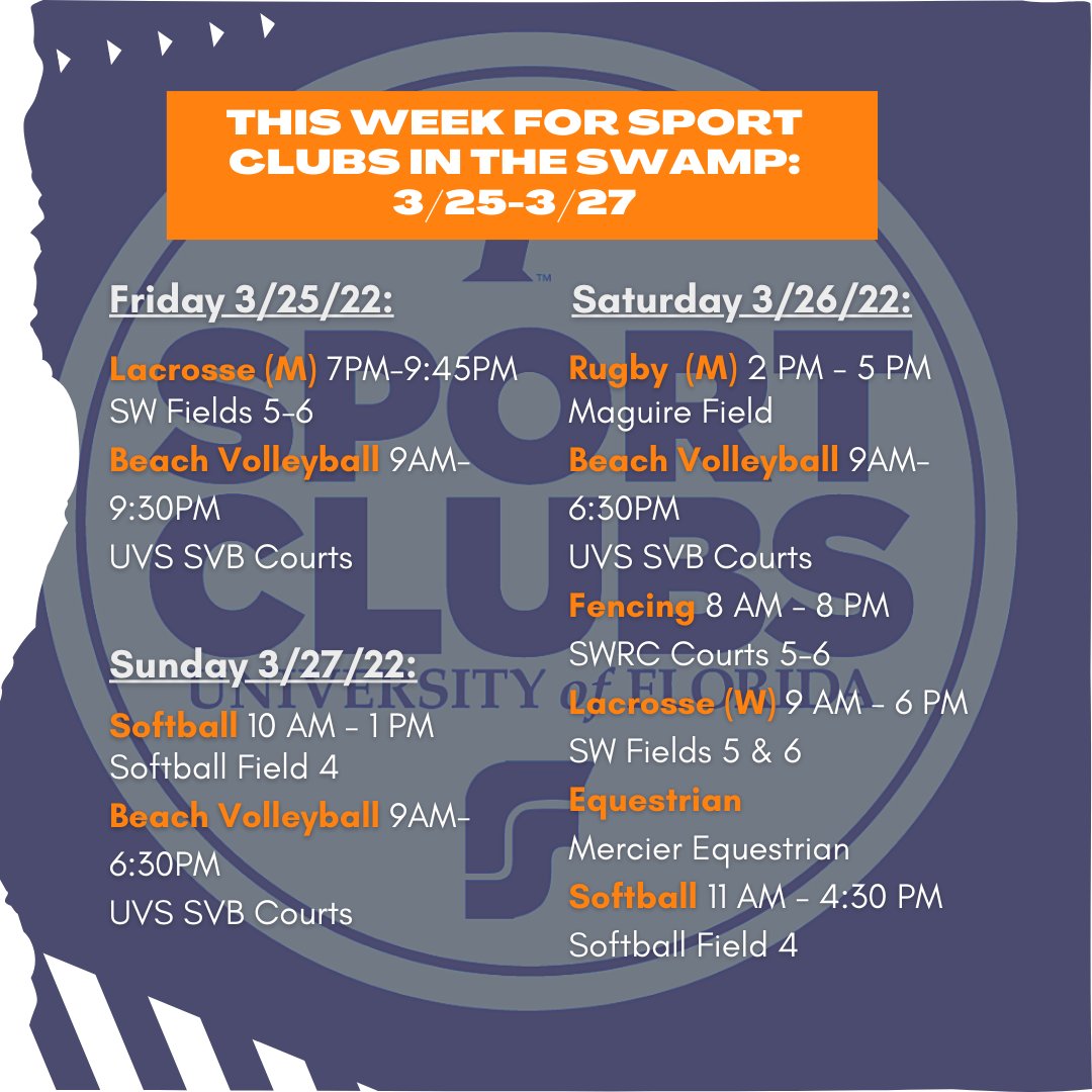 Happy Monday, Gators! Check out our schedule for this week's club events at UF. #LiveInMotion @UFRecSports