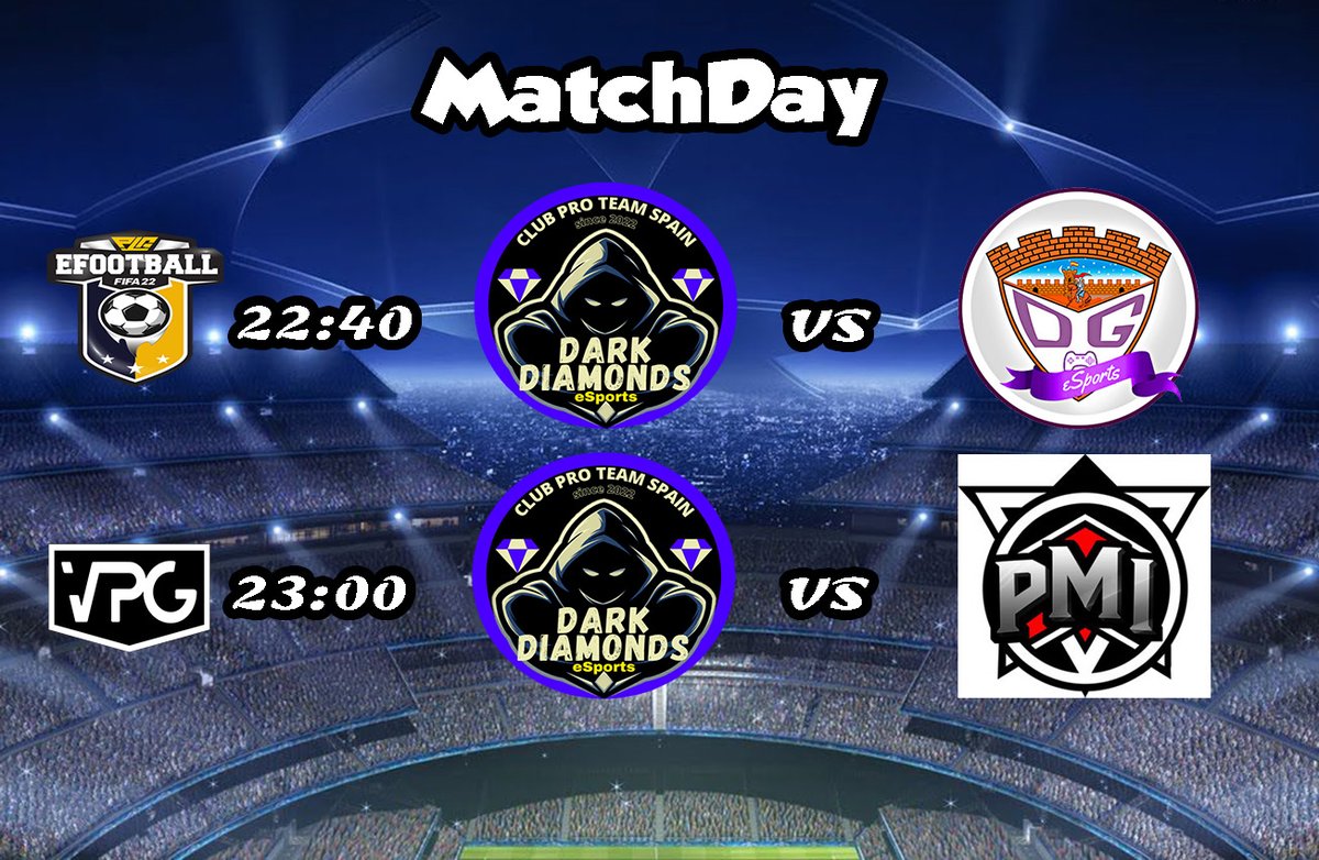 #MatchDay

🏆 @PLGeFootBall  
⏰22:40
🆚 <a href="/DxGuada_eSports/">C.D. Guadalajara eSports</a> 
----------------------------------
🏆 <a href="/VPG_Spain/">Virtual Pro Gaming España</a> 
⏰23:00
🆚 <a href="/PMI_eSports/">PMI eSports</a> 

Suerte a los rivales🤝⚽️ 

#godiamonds