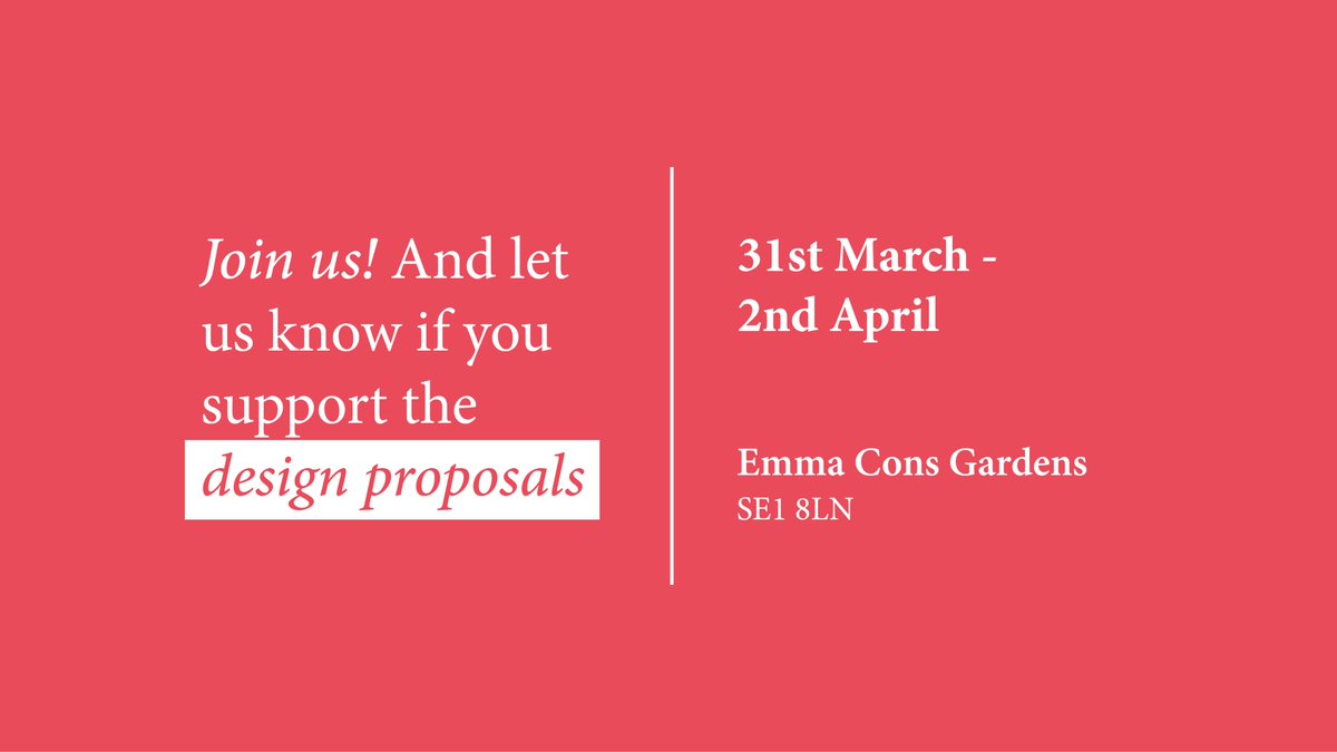 EmmaConsGardens's tweet photo. Please join @farrerhuxley next week as we share the design proposals for Emma Cons Gardens. This is our final consultation and we would love for you to join us once more and let us know if you support the proposals. (Thurs 31st March 9am-2pm &amp; 5pm-8pm; Sat 2nd April 11am-3pm) https://t.co/NhxbutoCIQ