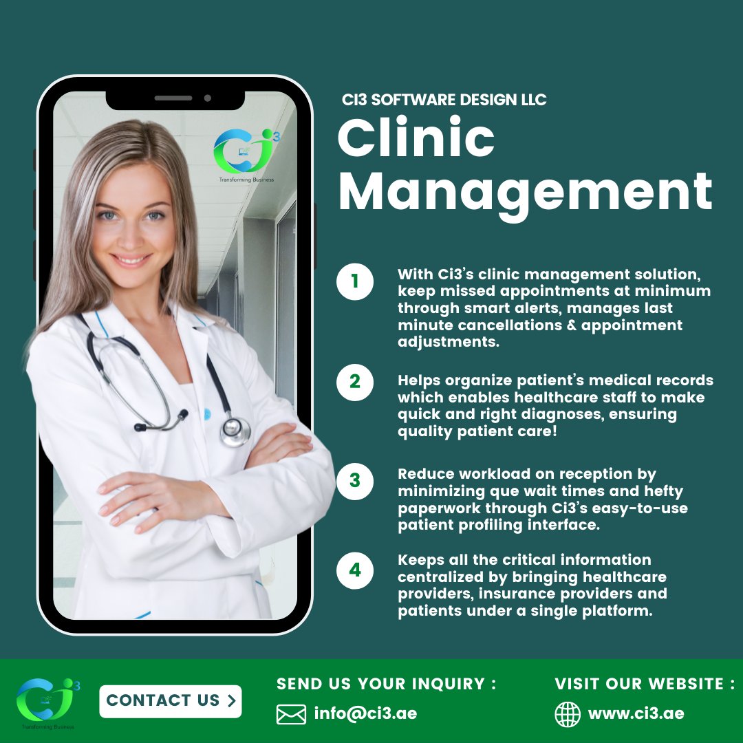ci3software's tweet photo. Ci3 offers Patient Appointment Solutions, Patient History, Doctor Evaluation, Insurance Management, Invoicing, and more!

Sign up for a FREE demo today and visit us at https://t.co/XhgHCsxUyx. You may also send your email to pr@ci3.ae.

#CI3 #Software #Design #ERP #NewYorkCity https://t.co/r1Sal5wgdF