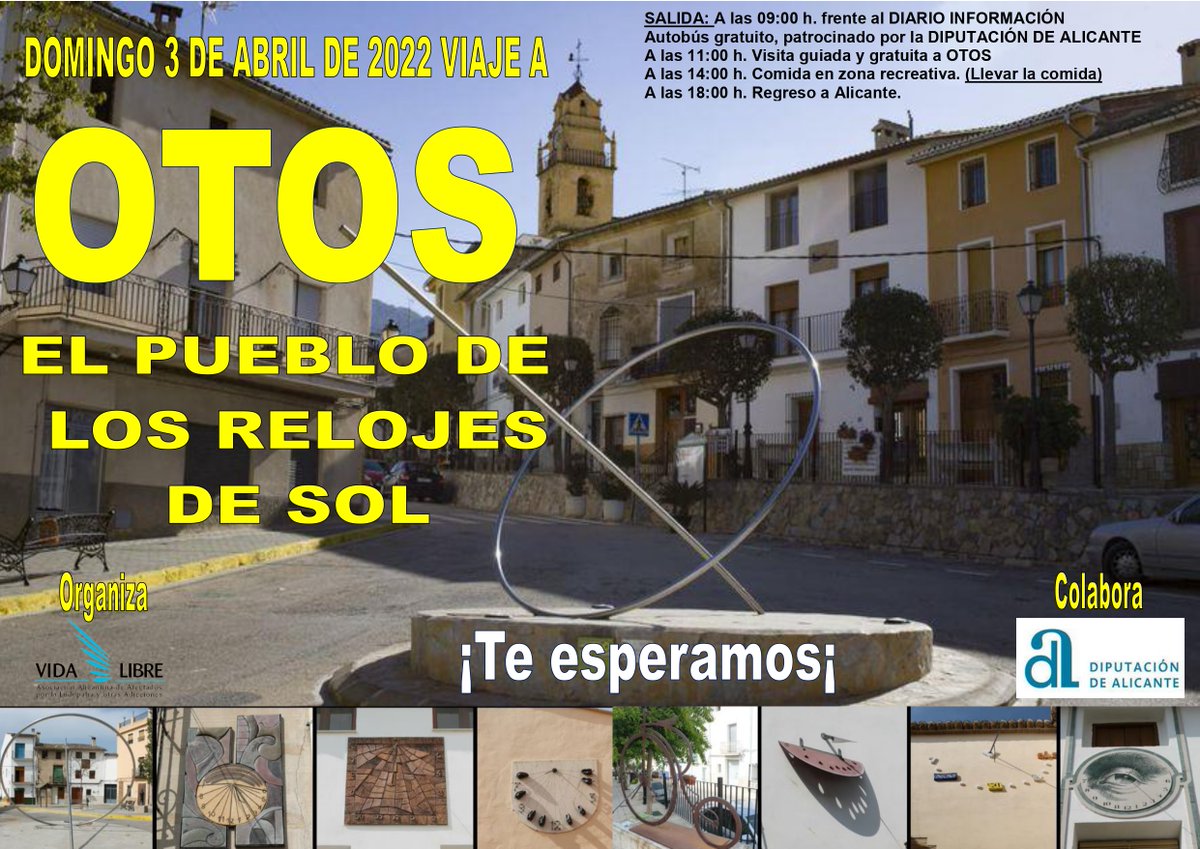 Si eres socio de Vida Libre, te invitamos a pasar un domingo con nosotros. Esto es lo que te proponemos: 
Visita guiada a Otos el próximo domingo 3 de abril. Es gratuito.
El transporte está subvencionado por la Diputación Provincial de Alicante.
¡Date prisa! ¡Reserva tu plaza!