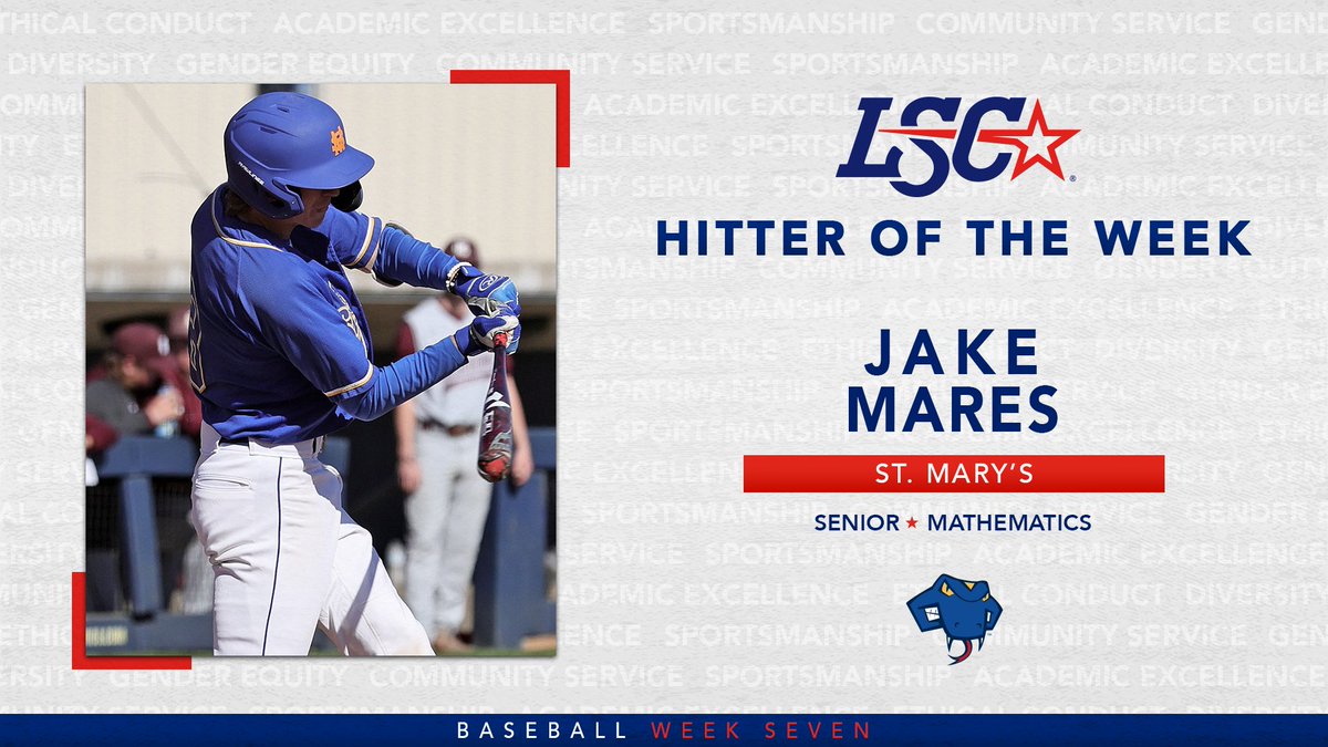 Lone Star Conference (@lonestarconf) on Twitter photo #LSCbase Hitter of the Week: <a href="/StMarysRattlers/">St. Mary's Rattlers</a> Jake Mares
🔗 bit.ly/3L3bs9a
#D2BSB #LSCbase Hitter of the Week: <a href="/StMarysRattlers/">St. Mary's Rattlers</a> Jake Mares
🔗 bit.ly/3L3bs9a
#D2BSB