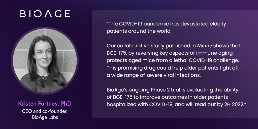 BioAge is excited to share our <a href="/Nature/">nature</a> paper showing that our immune aging drug BGE-175 protects aged mice from COVID-19 mortality.

Our CEO <a href="/kpfortney/">Kristen Fortney</a> on the ramifications of these findings for treatment of COVID-19 — and beyond:

businesswire.com/news/home/2022…