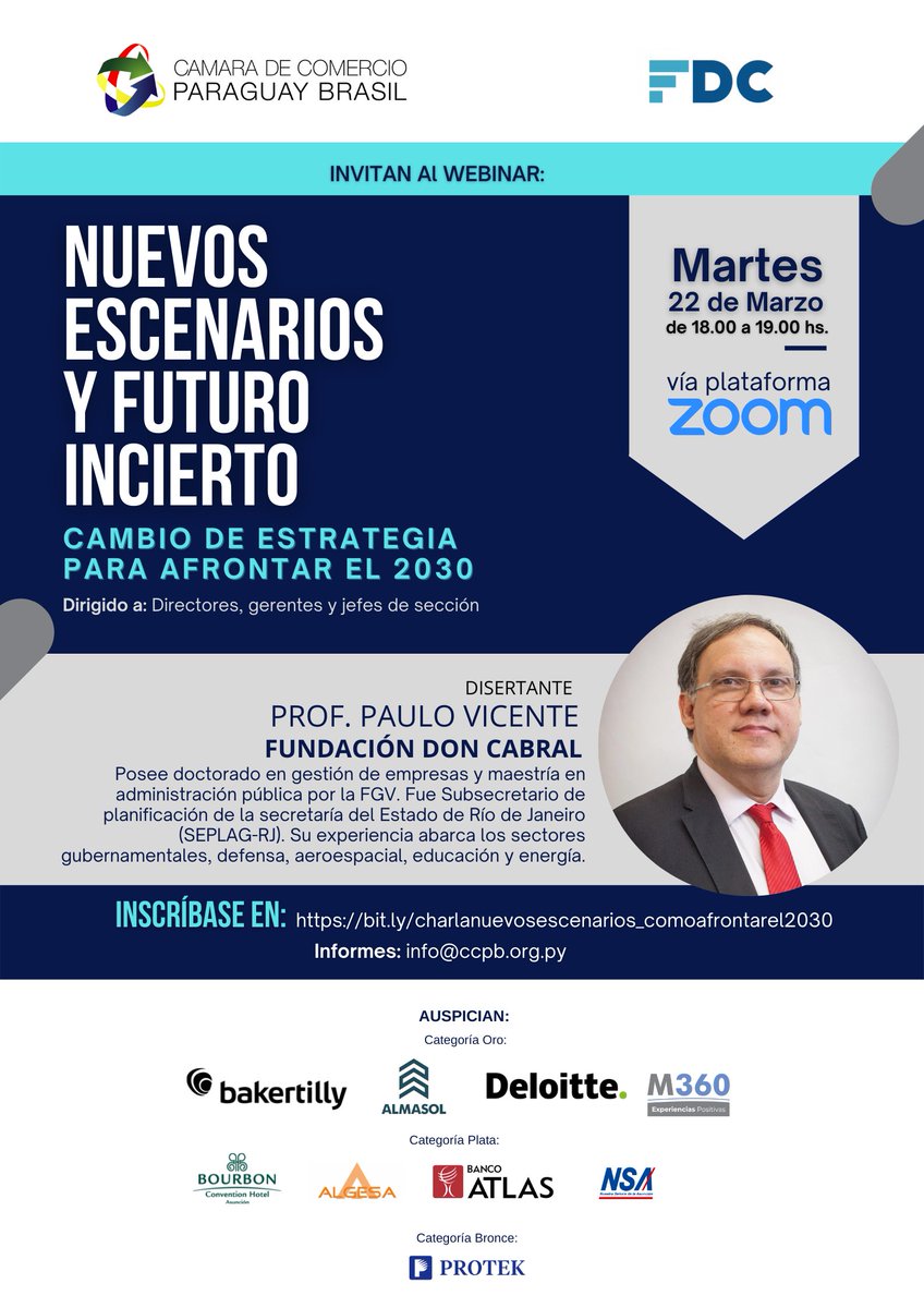 CCPyBr's tweet photo. La CCPB y la FDC invitan al WEBINAR: Nuevos escenarios y futuro incierto. Cambio de estrategia para afrontar el 2030 que será dictada por el Prof. Paulo Vicente de la Fundación Don Cabral.  

🗓️ Martes, 22 de marzo 
🕣 de 18:00 a 19.00 hs
👉REGISTRO: https://t.co/y5L68imJhV https://t.co/khTxnsID4Z